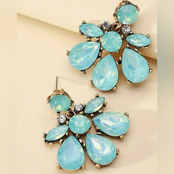 Milky Green, Blue Opalite,  Rhinestone Geometric, Iridescent Luxury Earrings - Picture 1 of 7